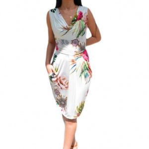 Rochie feminina, alba, cu croi lejer pe silueta, cu design nonfigurativ - Img 1
