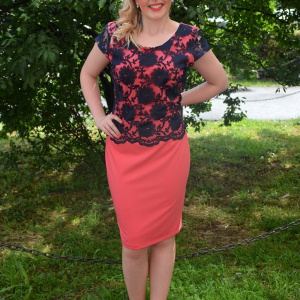 Rochie feminina de culoare corai cu dantela in partea de sus - Img 2