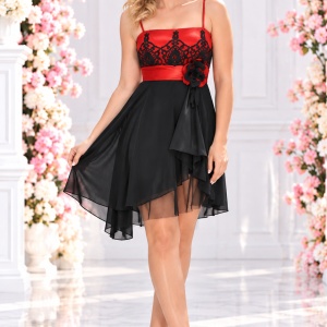Rochie feminina din saten, negru-rosu ,dantela si tul