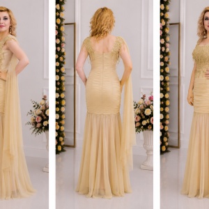 Rochie interesanta, nuanta de bej, decolteu clasic, design fashion - Img 3