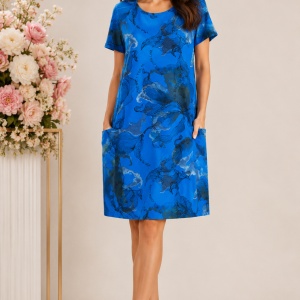 Rochie lejeră din bumbac cu imprimeu floral și buzunare – Albastru Intens