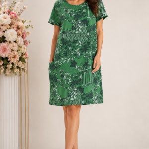 Rochie lejeră din bumbac cu imprimeu floral și buzunare – Verde