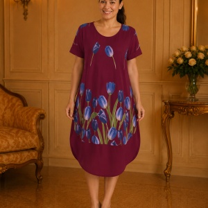 Rochie lejeră din in și bumbac cu imprimeu floral – bordo, croi confortabil de vară