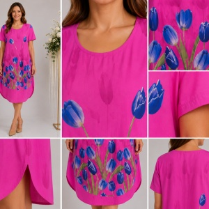 Rochie lejeră din in și bumbac cu imprimeu floral – fucsia, croi confortabil de vară - Img 4