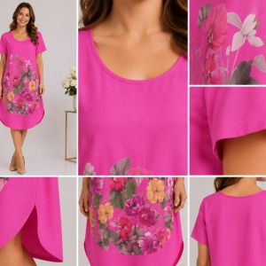 Rochie lejeră din in și bumbac cu imprimeu floral – roz, croi confortabil de vară - Img 3