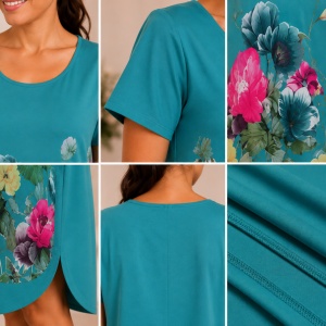 Rochie lejeră din in și bumbac cu imprimeu floral –turcoaz, croi confortabil de vară - Img 3