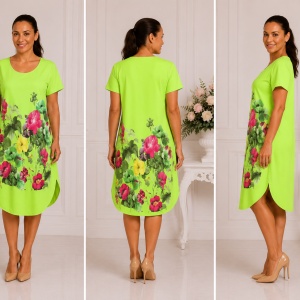 Rochie lejeră din in și bumbac cu imprimeu floral –verde fistic, croi confortabil de vară - Img 2