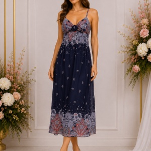Rochie lungă damă bleumarin cu imprimeu paisley și bretele subțiri
