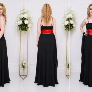 Rochie lunga de gala, model simplu, clasic, neagra cu detaliu rosu - Img 3