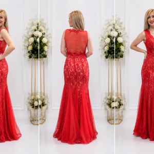 Rochie lunga de seara, tip sirena, dantela rosie cu insertii de tul - Img 3