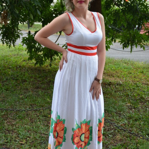 Rochie lunga de zi, culoare alba cu imprimeu de flori si dungi - Img 4