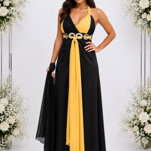 Rochie lunga din saten negru si voal galben, bretele dupa gat