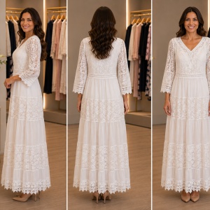 Rochie Lungă Elegantă din Dantelă Albă cu Mâneci 3/4 și Decolteu în V - Img 2