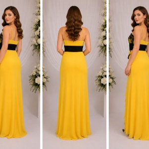 Rochie lunga, eleganta, din saten si voal galben si dantela neagra - Img 3