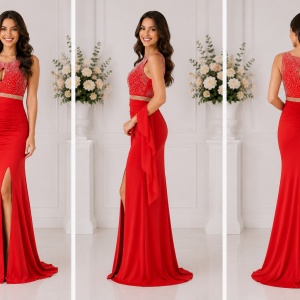 Rochie lunga, rosie, mulata pe corp, decorata cu strasuri si margele - Img 4