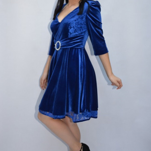 Rochie Mara din catifea cu insertii de dantela,albastru deschis - Img 3