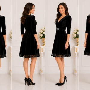 Rochie Mara din catifea cu insertii de dantela,neagra - Img 2