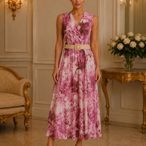 Rochie Midi Elegantă Multicoloră tonuri de roz cu Imprimeu Artistic, Decolteu Petrecut și Volane