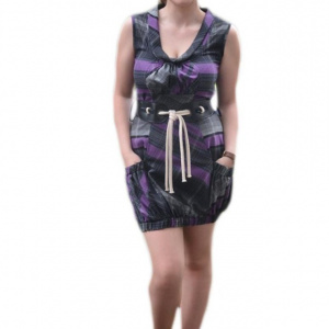 Rochie mini, de culoare gri cu dungi mov, model fara maneci - Img 1