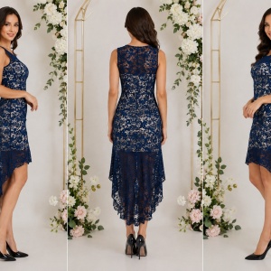 Rochie moderna cu trena, culoare bleumarin, din dantela fina - Img 3