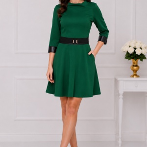 Rochie moderna, de culoare verde, insertii de piele ecologica