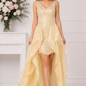 Rochie moderna de ocazie, aurie, cu broderie si paiete fine