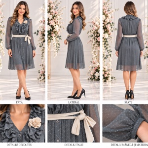 Rochie moderna din material subtire, gri, cu maneca lunga - Img 2