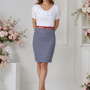Rochie moderna, nuanta de bleumarin-alb, design dungat
