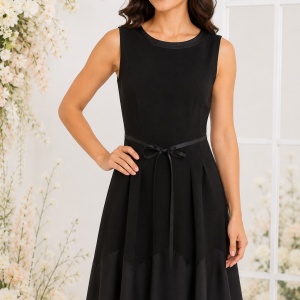 Rochie neagră elegantă cu fustă cloș și cordon în talie