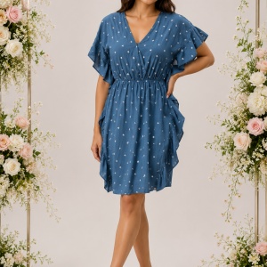 Rochie Paula, din bumbac, imprimeu cu stelute, nuanta bleumarin