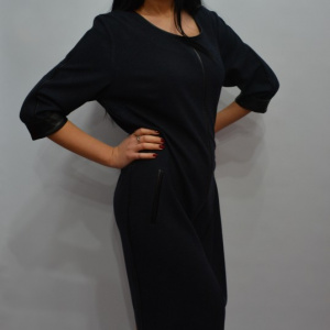 Rochie rafinata, bleumarin cu insertii de piele ecologica neagra - Img 6