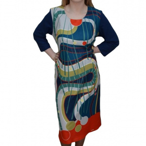 Rochie rafinata cu imprimeu abstract multicolor pe fond bleumarin - Img 1