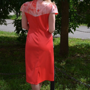 Rochie rafinata, de culoare corai, cu suprapunere de voal - Img 6