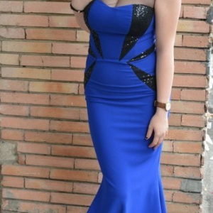Rochie rafinata de gala, tip sirena, culoare albastra cu paiete negre - Img 6