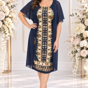 Rochie rafinata de zi, bleumarin cu imprimeu oriental in fata