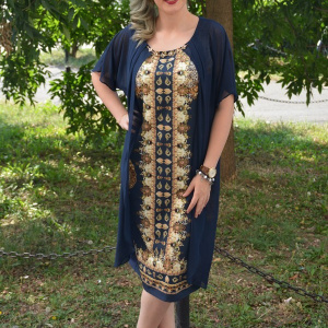Rochie rafinata de zi, bleumarin cu imprimeu oriental in fata - Img 3