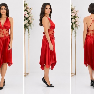 Rochie rafinata din saten si tul de nuanta rosie, cu decor floral - Img 3