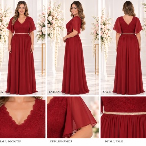 Rochie rafinata masura mare, nuanta marsala cu cristale in talie - Img 2