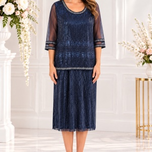 Rochie rafinatat Odetta cu insertii argintii,nuanat de bleumarin