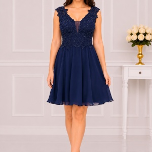 Rochie scurta de seara cu margele aplicate, nuanta bleumarin