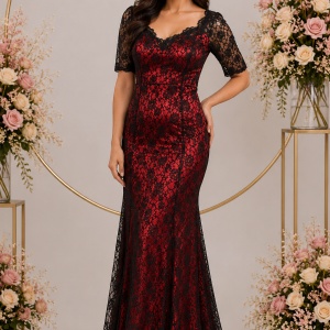 Rochie sofisticata, de ocazii, lunga, culoare rosie cu dantela neagra