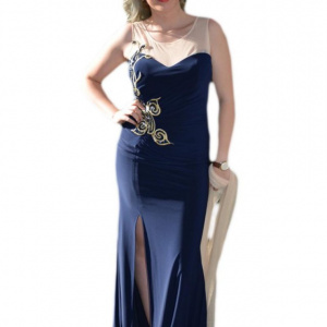 Rochie spectaculoasa lunga, bleumarin, plasa crem si trena discreta - Img 1