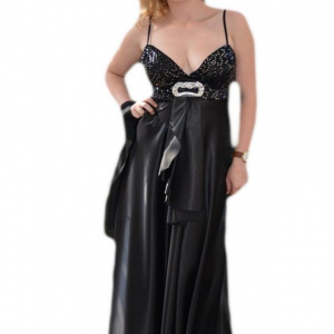 Rochie superba de gala, din saten elegant, cu insertii de paiete negre - Img 1