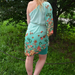 Rochie tinereasca de culoare turcoaz, model cu o maneca larga - Img 5
