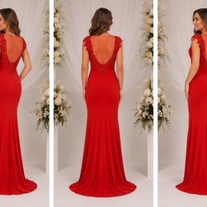 Rochie tinereasca lunga cu croi cambrat pe silueta, nuanta rosie - Img 5