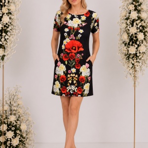 Rochie trendy cu croi lejer, design floral, realist, pe fond negru