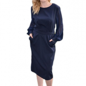 Rochie trendy de primavara, toamna, bleumarin, maneca de voal - Img 1