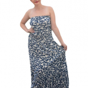 Rochie vaporoasa de vara, model lung, culoare bleumarin cu alb - Img 1