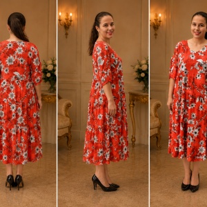 Rochie vaporoasa Nadina de zi,imprimeu floral,nuanta de rosu - Img 3