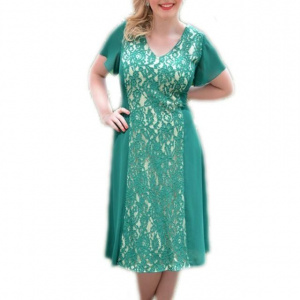 Rochie verde de ocazie, masura mare, cu insertie de dantela - Img 1